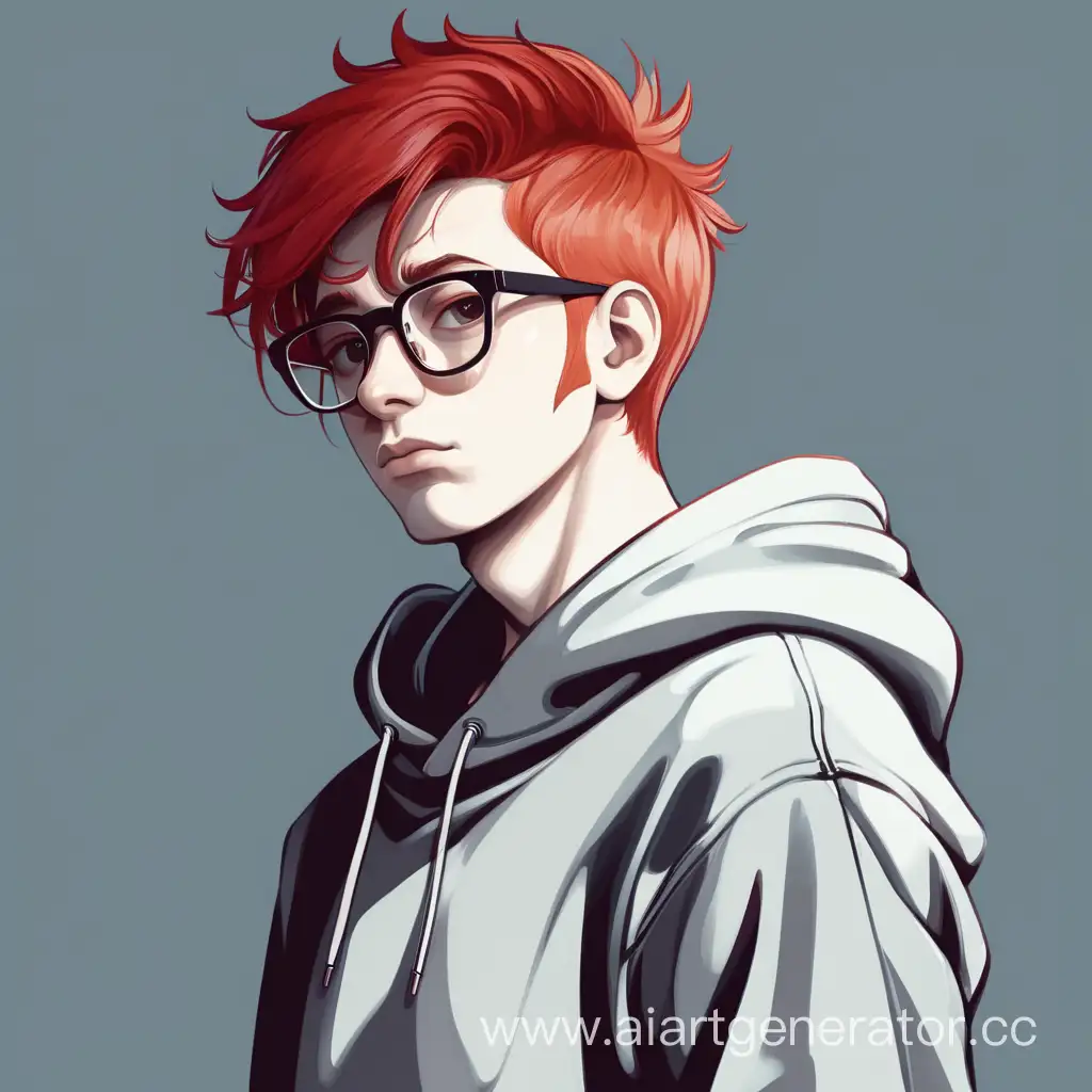 Man, modern clothing, hoodie, red hair, glasses, young, unattractive.
