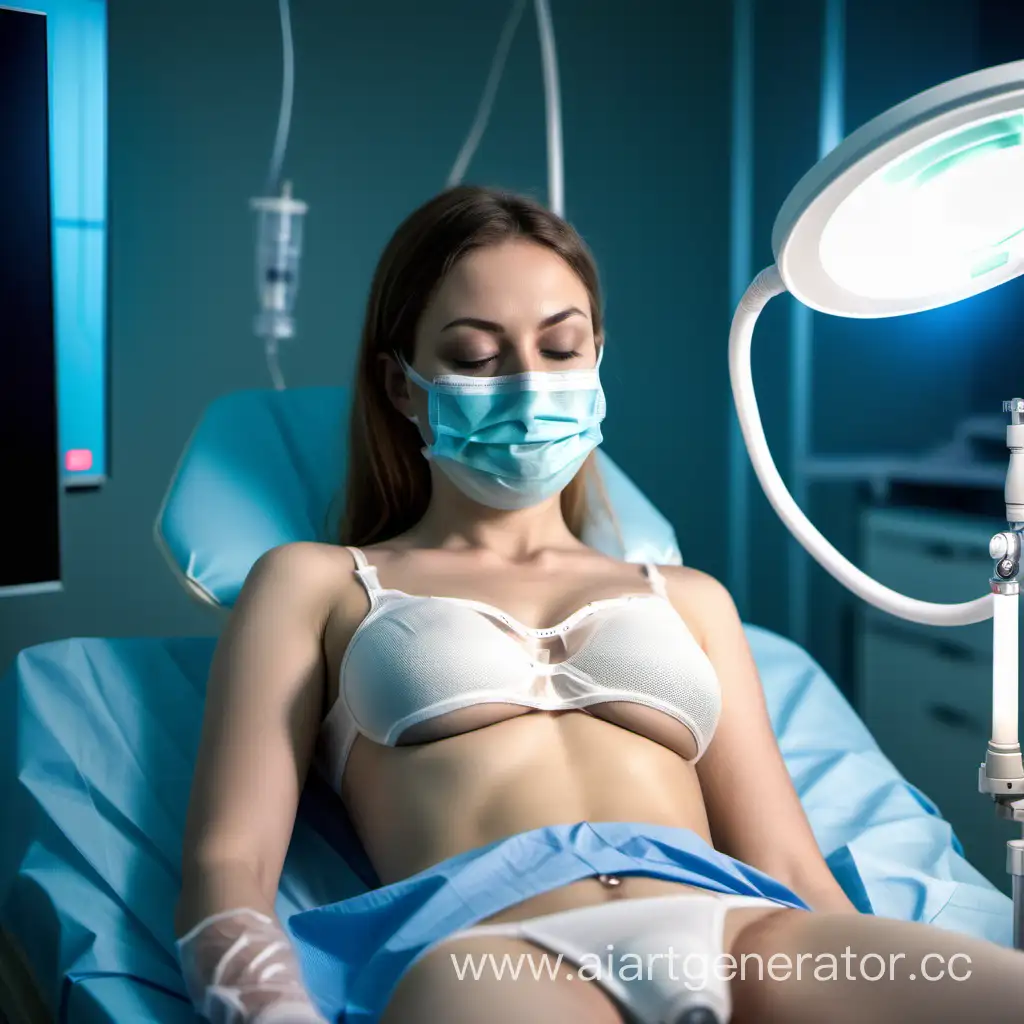 junge frau in unterwäsche liegt in behandlungsraum von chirurg sensoren auf der brust vorbereitung auf operation operationslampe beleuchtet sauerstoffmaske