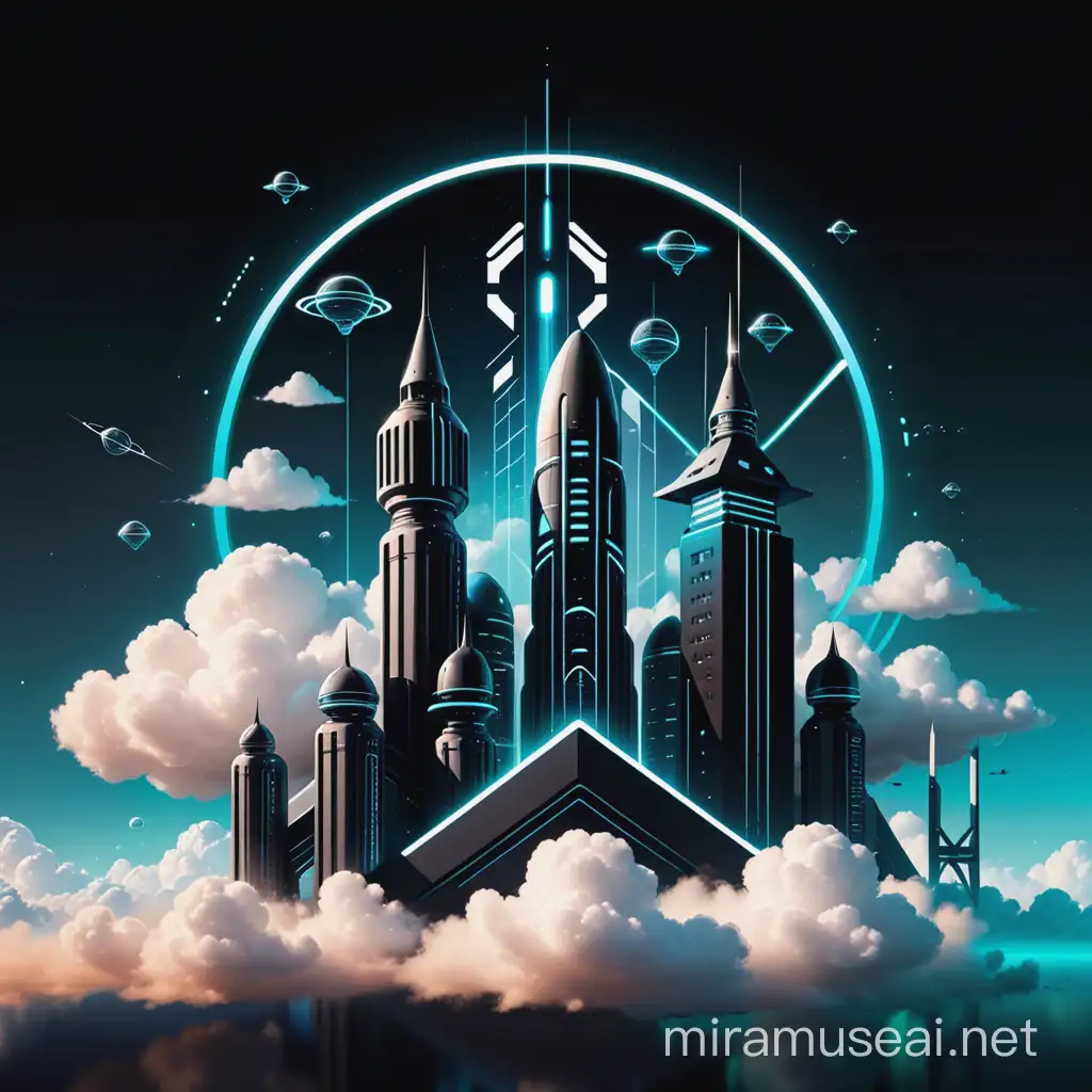 Create an app logo featuring sci-fi buildings on clouds in vector lines with minimal detail. The image should have space to indicate overlapped components, be in black and white, with sharp angles and geometric shapes. The color scheme should be black and white, with high contrast lighting to emphasize the overlapping components and angles.