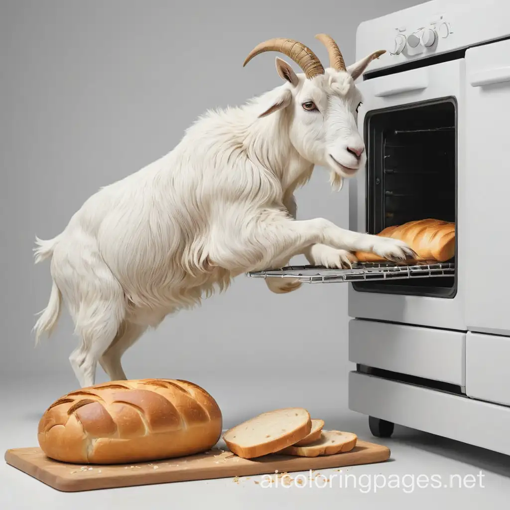  goat taking loaf of bread out of oven, Coloring Page, black and white, line art, white background, Simplicity, Ample White Space. The background of the coloring page is plain white to make it easy for young children to color within the lines. The outlines of all the subjects are easy to distinguish, making it simple for kids to color without too much difficulty