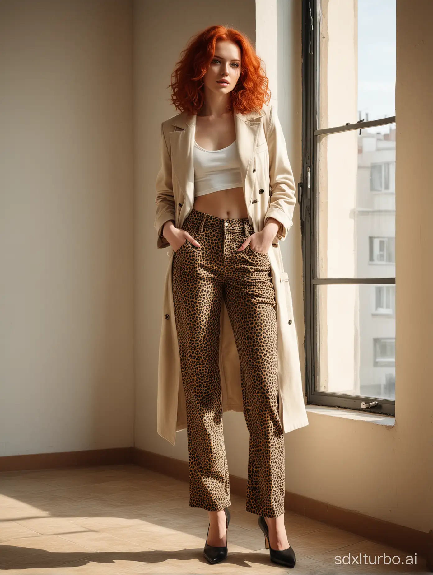 fashion photo. red hair young woman. posing. In long leopard print palazzo jeans, crop top and oversize beige coat on top. Photo on a cyclorama and with shadows from a large window. full-length photo. Hasselblad x1d. direct sunlight. --style raw.