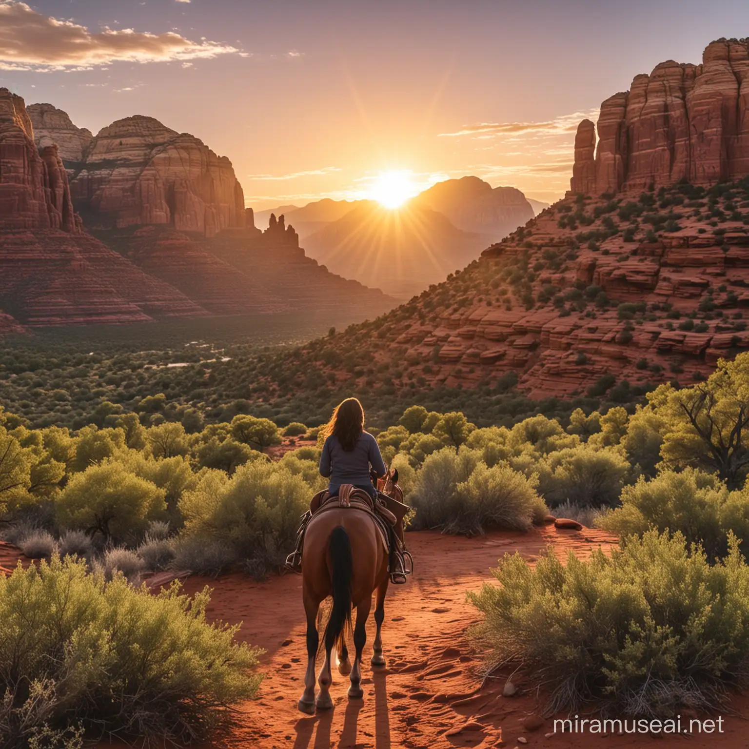 a horse riding in middle of Sedona National Park with the sun rising over the mountains