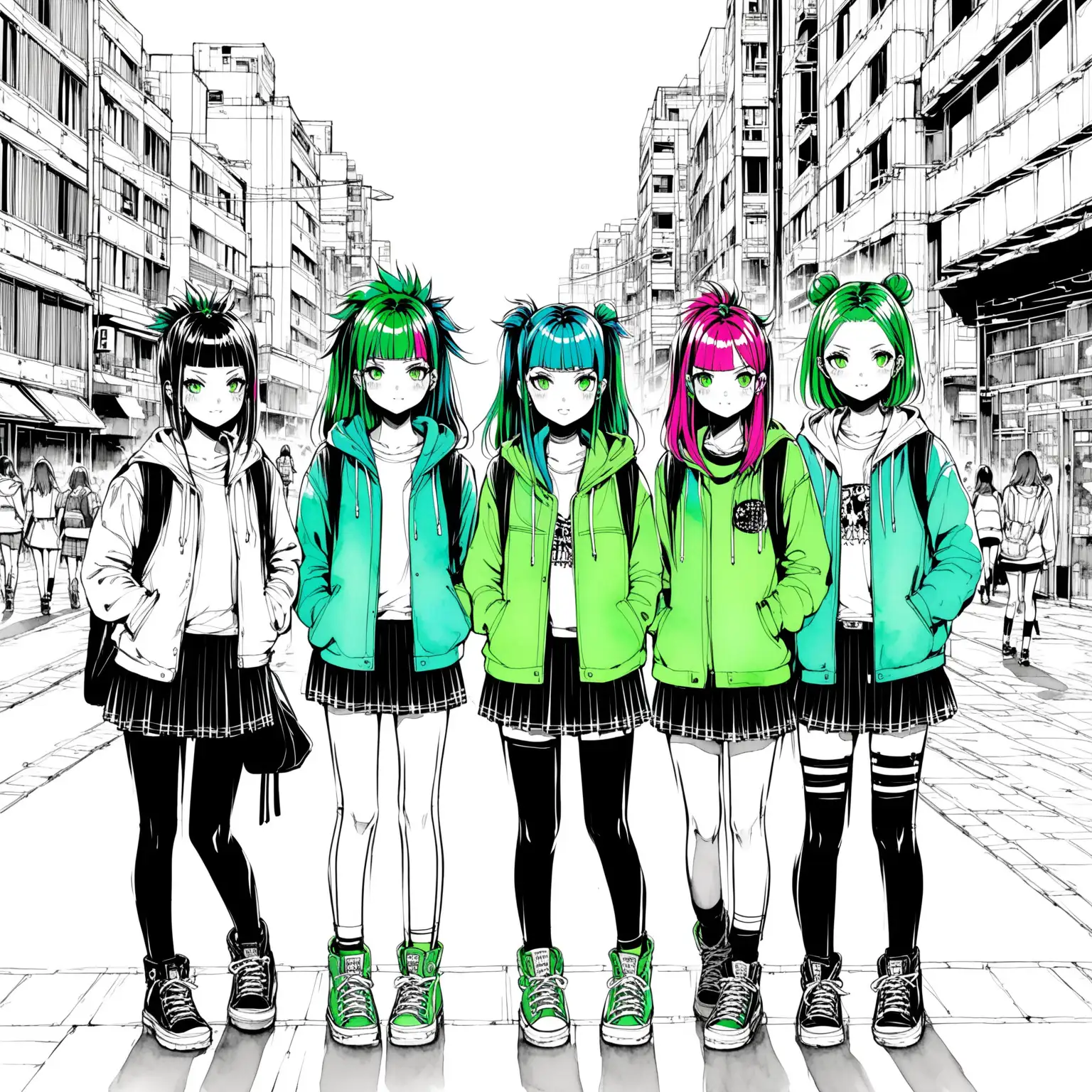 Herd of teenage girls in the city, black and white color, coloring book, simplified, watercolor, blue and green, Japanese punk style 