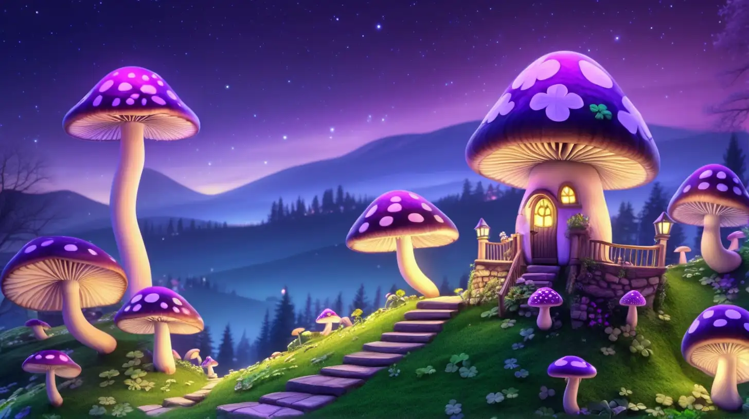 Fairytale-magical houses-glowing-purple and green mushrooms with twilight sky and shamrocks roofs