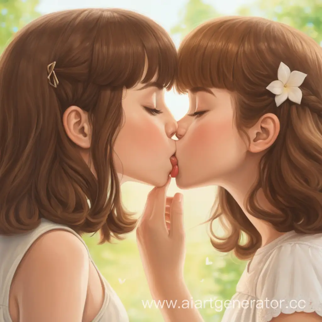 Affectionate-Moment-Two-BrownHaired-Girls-Sharing-a-Tender-Kiss