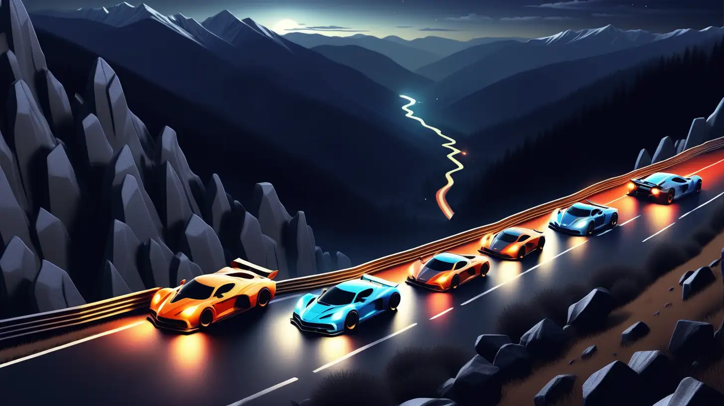 picture with super-cars racing in the mountains, in the night, seen from above, from the distance