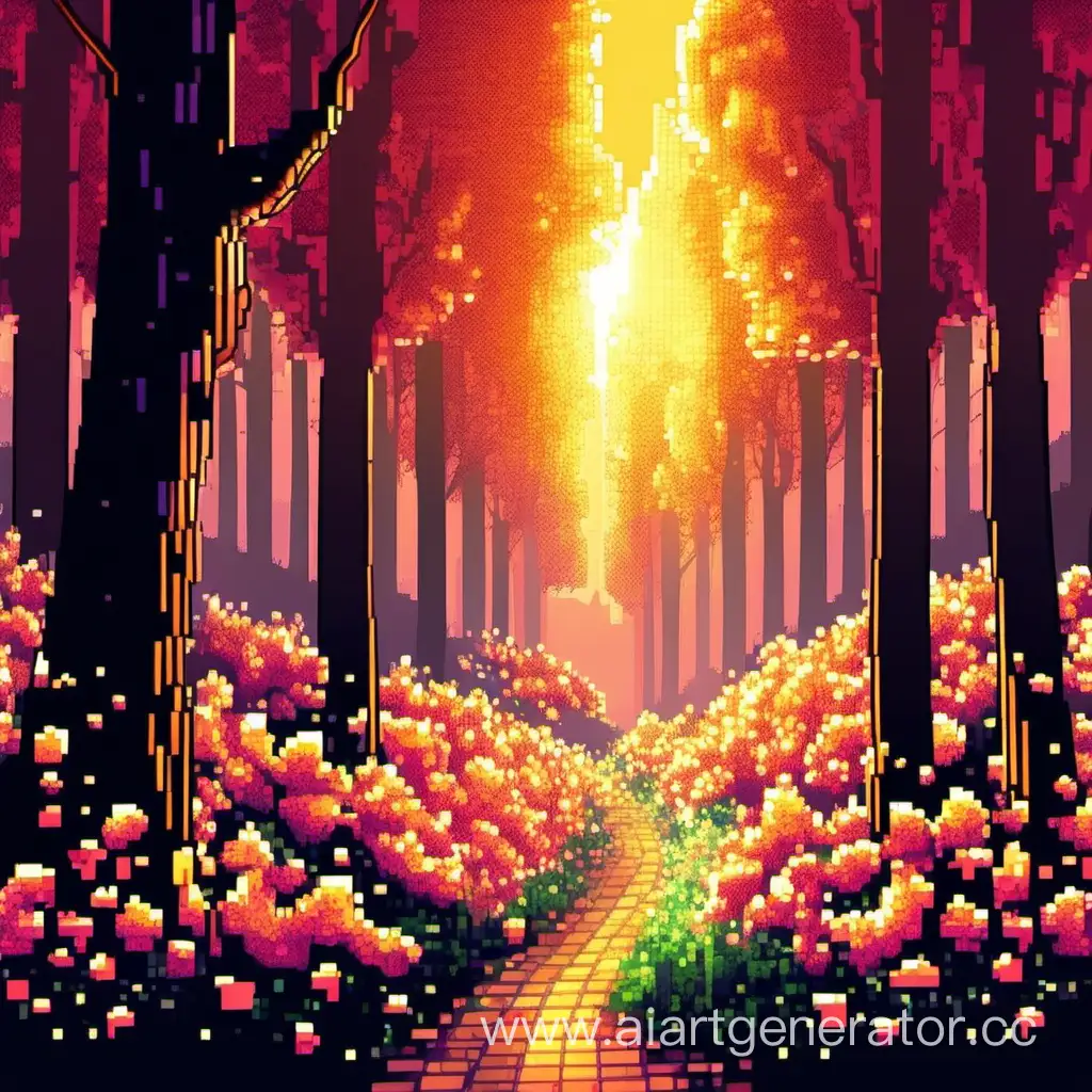 Enchanting-Sunset-Forest-Pixel-Art-Tranquil-Nature-Scene-with-Golden-Hues