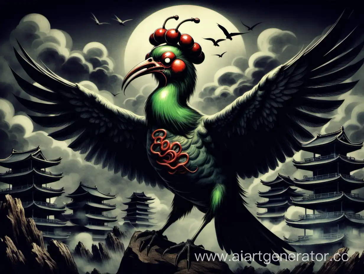 The opium bird in the horror style of Japan