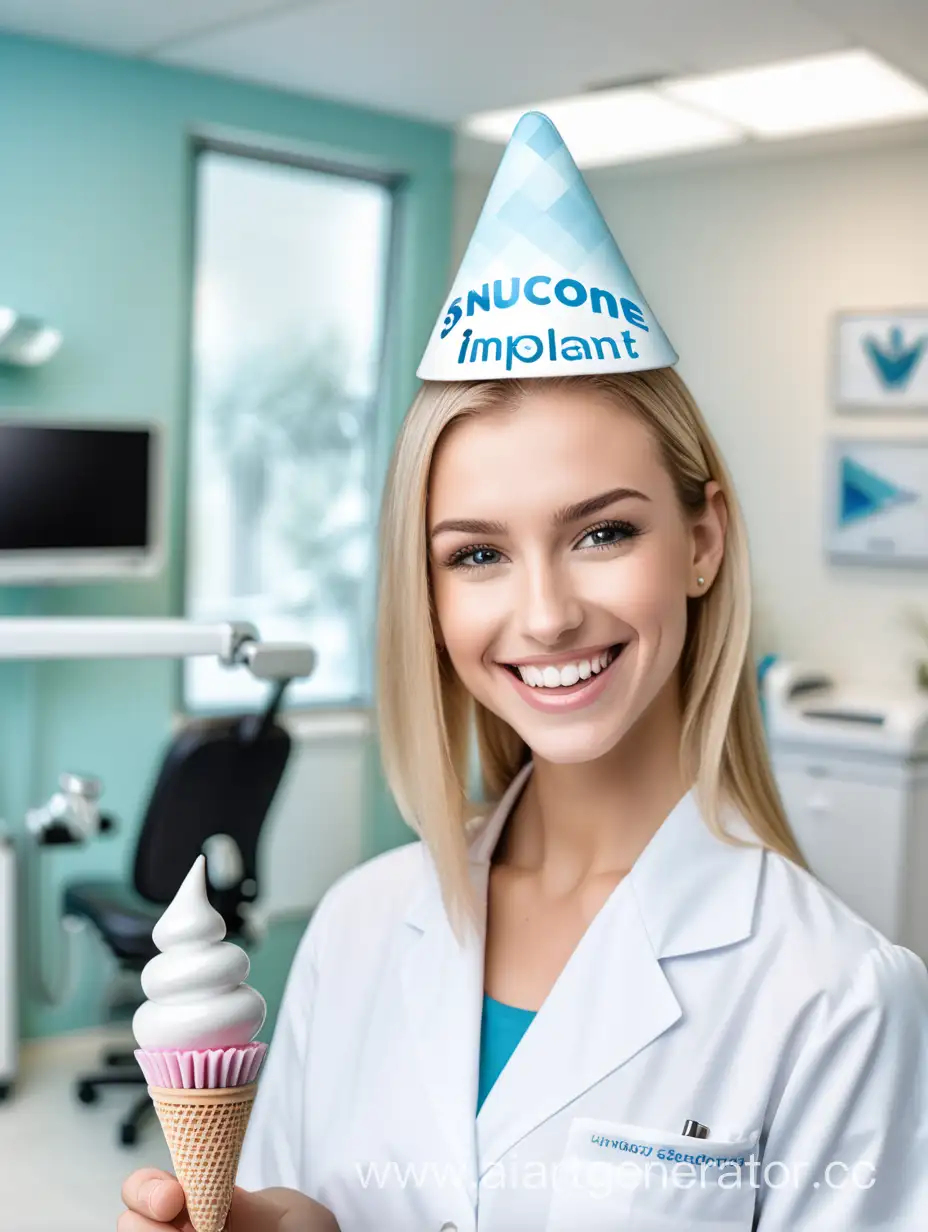 красивая улыбка человека, на фоне стоматологического кабинета, реклама продукции "Snucone implant"