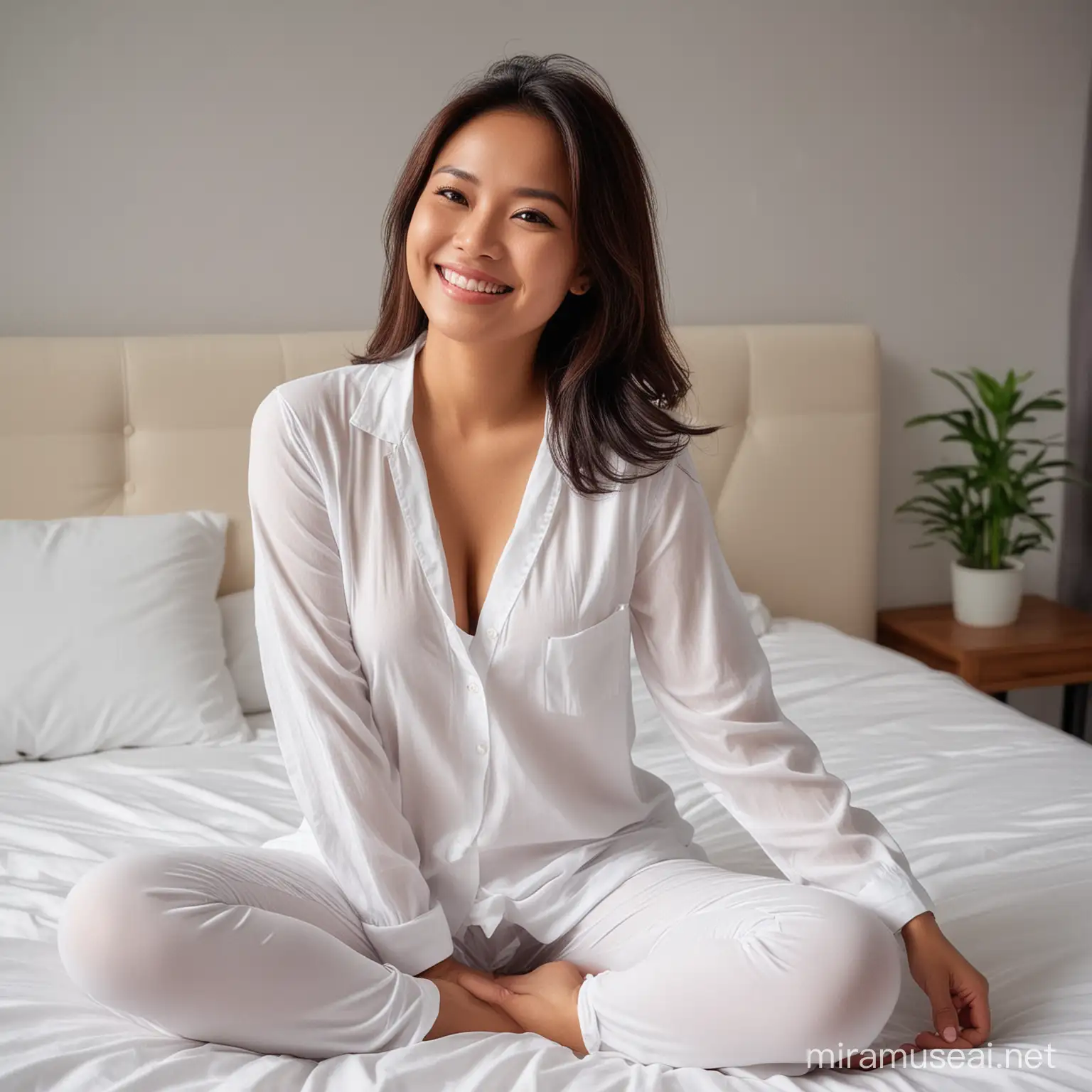 A Malay woman, 35 years old, wearing a white sleeping shirt and legging, has a nice body shape, large breast. She smiles tenderly, keeps hands together, eager to get surprise, grins happily, looks aside, sitting on the bed which red bedsheet. The picture is shoot full body. 