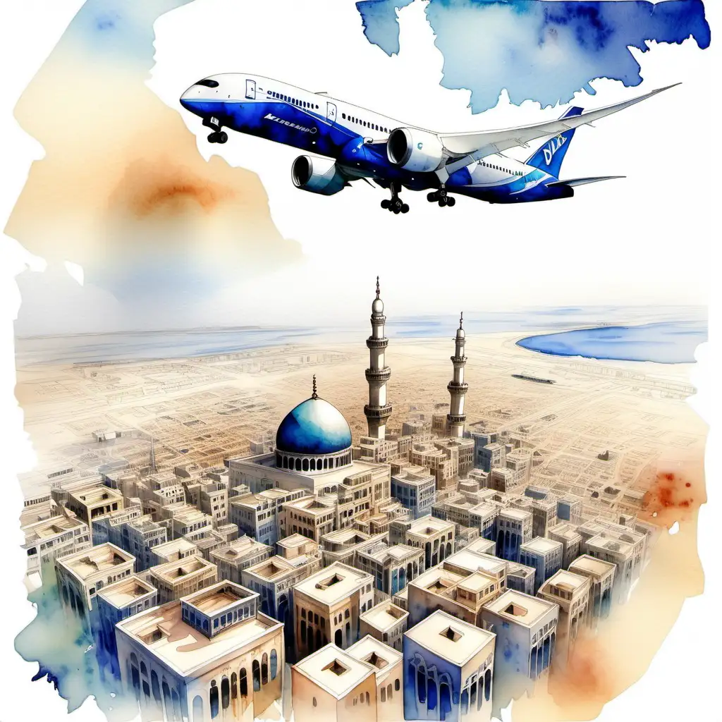Boeing 787 flying over an Arab city, watercolor art