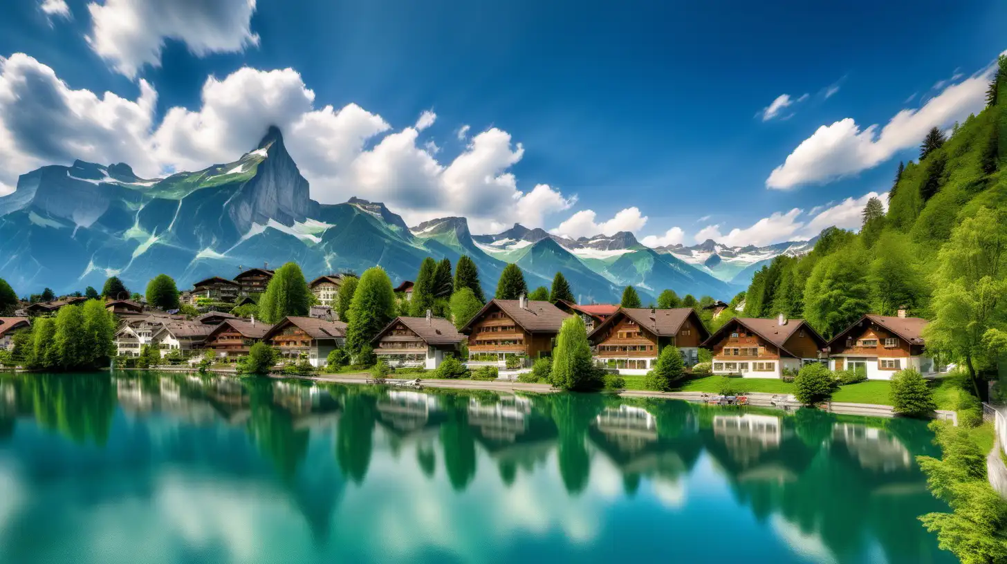 瑞士自然风光，中间有蓝色的湖，两边有绿色的树木，岸边有美丽的房子，和蓝天白云