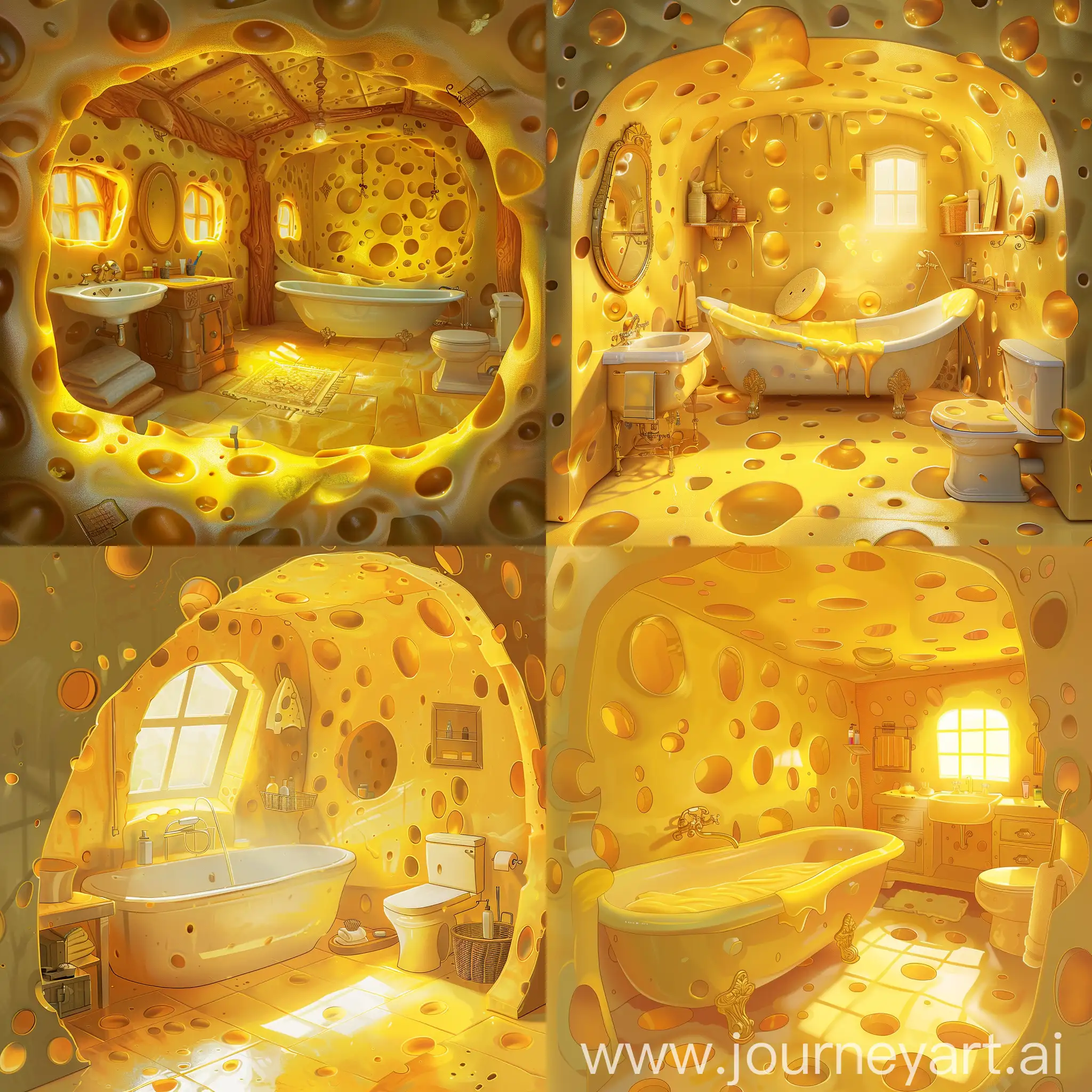 Bathroom constructed from yellow Swiss cheese, Bathtub, Sink, Commode, Warm and inviting, Soft lighting, Cozy and comfortable, Highly detailed, Realistic, Whimsical and imaginative, Digital illustration, Golden and yellow hues, High quality
