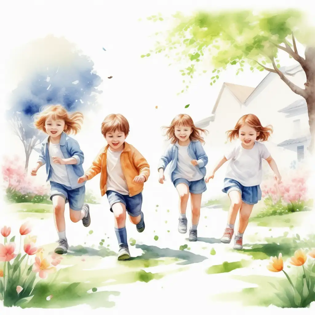 Playful Children in Spring Realistic Watercolor Illustration