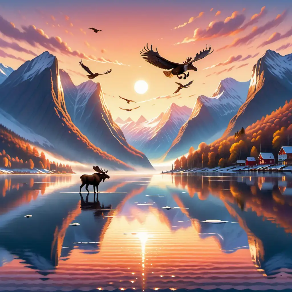 Kawaii stil, Illustration: 
Titel: Sonnenaufgang über Norwegens Landschaft
Illustration: Die morgendliche Sonne bricht durch die nebligen Fjorde Norwegens, während sich im Hintergrund schneebedeckte Berge erheben. Ein Elch durchquert einen ruhigen See, während sich im Himmel majestätische Adler kreisen.majestätische Adler kreisen.
