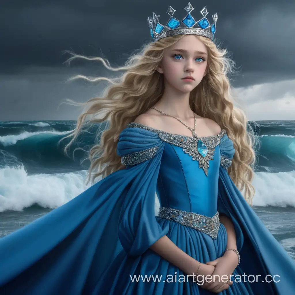 Королева шторма 14 лет со средними русыми волосами, голубые глаза, на голове корона, длинное пышное синие платье с украшениями, на фоне зловещий океан, максимальная реалистичность 