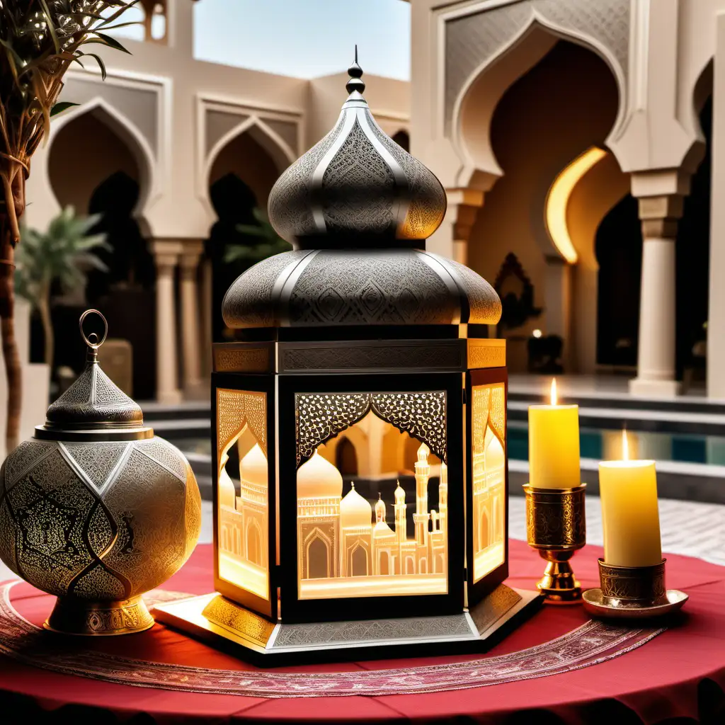 Ramadan lantern on a table laden with Arab-looking decorations in a neighborhood with arabesque architecture. The tablet is set for a large family with ample decorations.