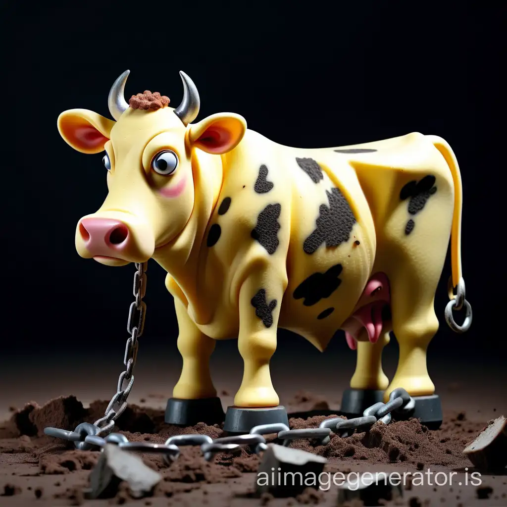 side view sponge in shape of a cow standing up and a broken chain lying on the ground