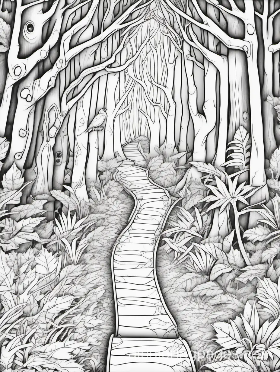 Narrow pathways wind through the enchanted forest, leading to secret clearings and mysterious destinations. These hidden trails invite exploration and promise the discovery of magical surprises along the way .The background of the coloring page is plain white to make it easy for young and adult   to color within the lines. The outlines of all the subjects are easy to distinguish, making it simple for kids to color without too much difficulty, Coloring Page, black and white, line art, white background, Simplicity, Ample White Space. The background of the coloring page is plain white to make it easy for young children to color within the lines. The outlines of all the subjects are easy to distinguish, making it simple for kids to color without too much difficulty