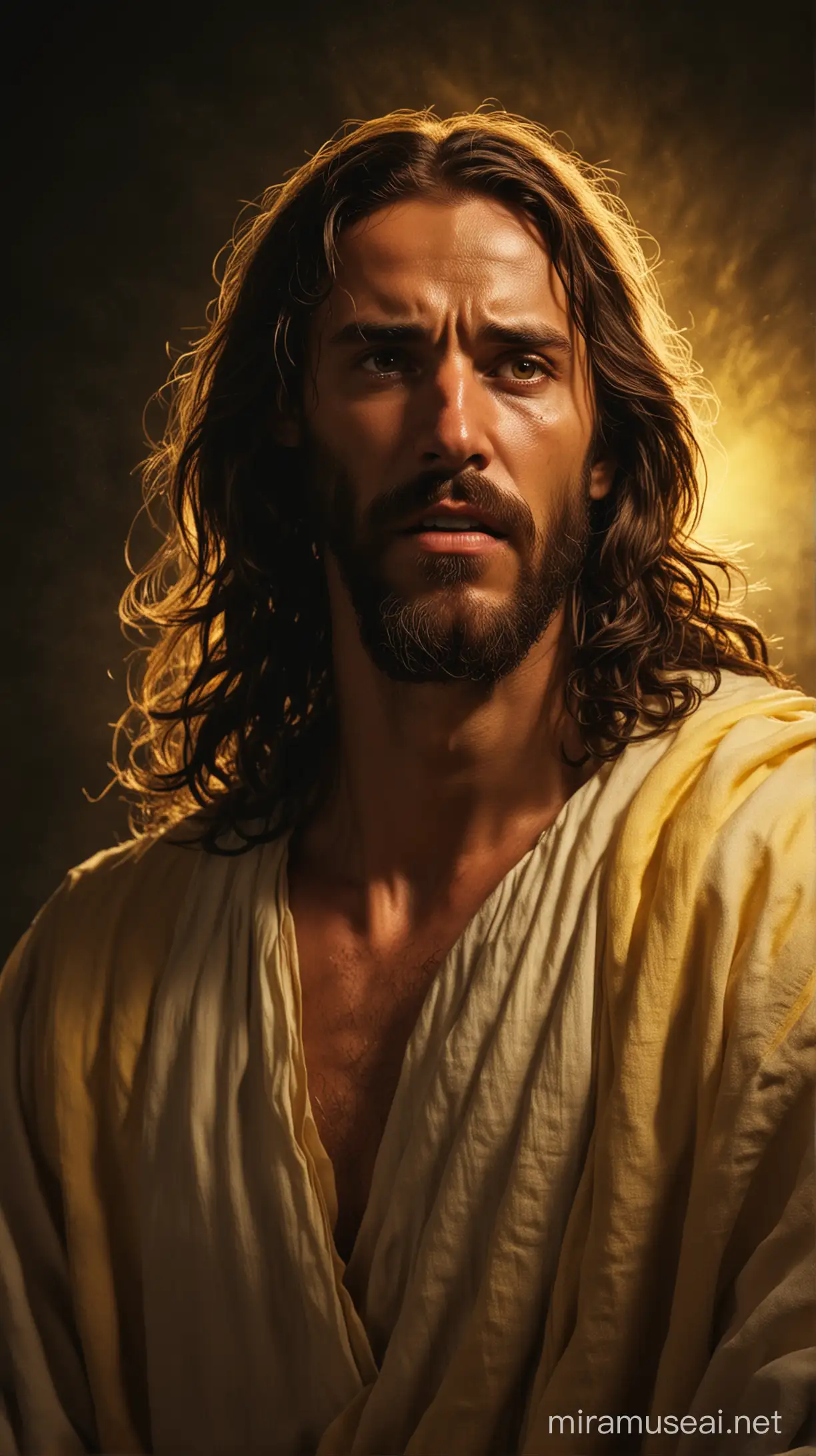 Jesus Expressing Anger Against Dark Background with Yellow Light