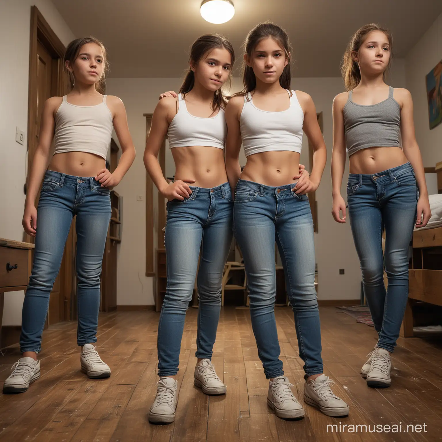 ((Focus on full body image of four very young female very early young and short middle school students, 8 to 11 years old)), very small short slim four girls but one a little bit chubby, (very dark black tanned south indian or pale italian or spanish or pakistan), showing back or side while wrestling with eachother closely while habing an argument, one showing back and looking back, showing all together back or side to viewer, backprofile or sideprofile, tired and very exhausted, some backside visible, sweaty unwashed messy open hair, standing very close together fighting with eachother closely, looking naughty and energized, untrained soft body, with distinct facial features, close together facing eachother seen full person from front or side looking to viewer, standing arguing inside a hostel wooden floor changing and sleeping room, dimmed night ambience, with lots of bedrolls and blankets lying arround), (seen full body length from side or back angle), seen sideways or backways or front in full body looking to viewer, full body view, turning face to viewer, one sticking back out, one showing back. Very detailled face with expressive eyes, almond-shaped eyes, with eye make-up. ((wearing super lowwaist jeans and skinny teen bra, worn-out and dirty from long use, worn-out and soaked wet and very dirty and food stained)). Seen from front, full body image, whole body view. Ultra high definition, very detailled face, very detailled scene, photo authentic. Rich skin and clothing texture. ((Dimmed evening light)), natural raw light. Sfw