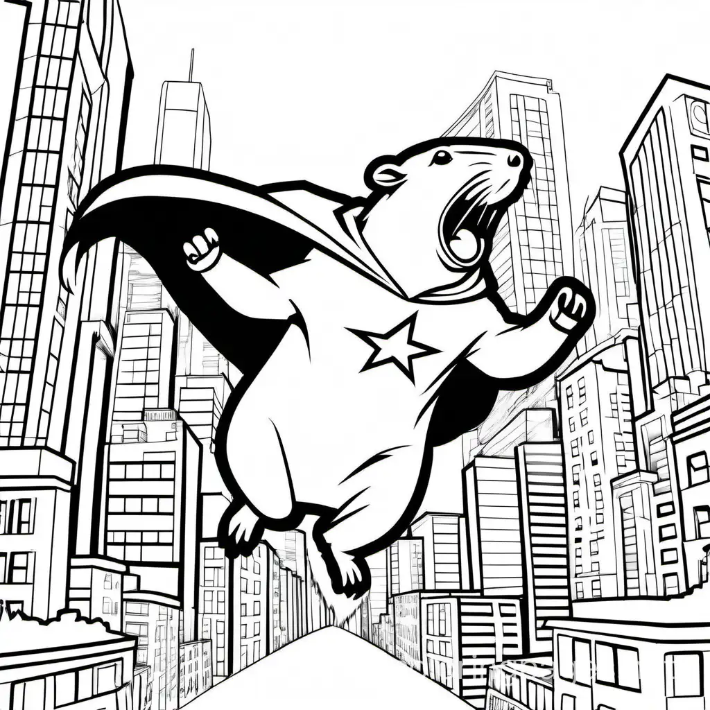 A capybara flying through a city like a superhero, Coloring Page, black and white, line art, white background, Simplicity, Ample White Space. The background of the coloring page is plain white to make it easy for young children to color within the lines. The outlines of all the subjects are easy to distinguish, making it simple for kids to color without too much difficulty