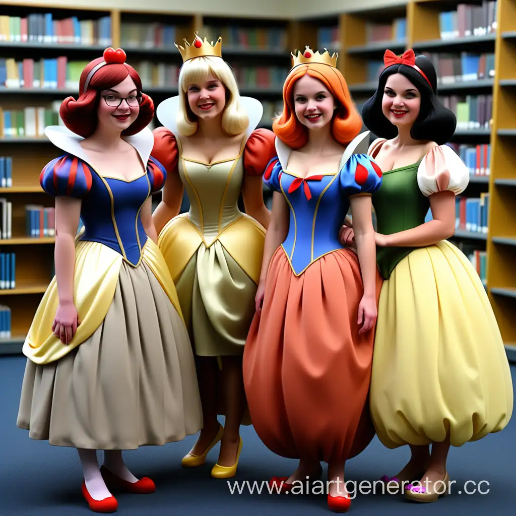 библиотекари в виде мальвины, дюймовочки, принцессы, белоснежки в библиотеке
