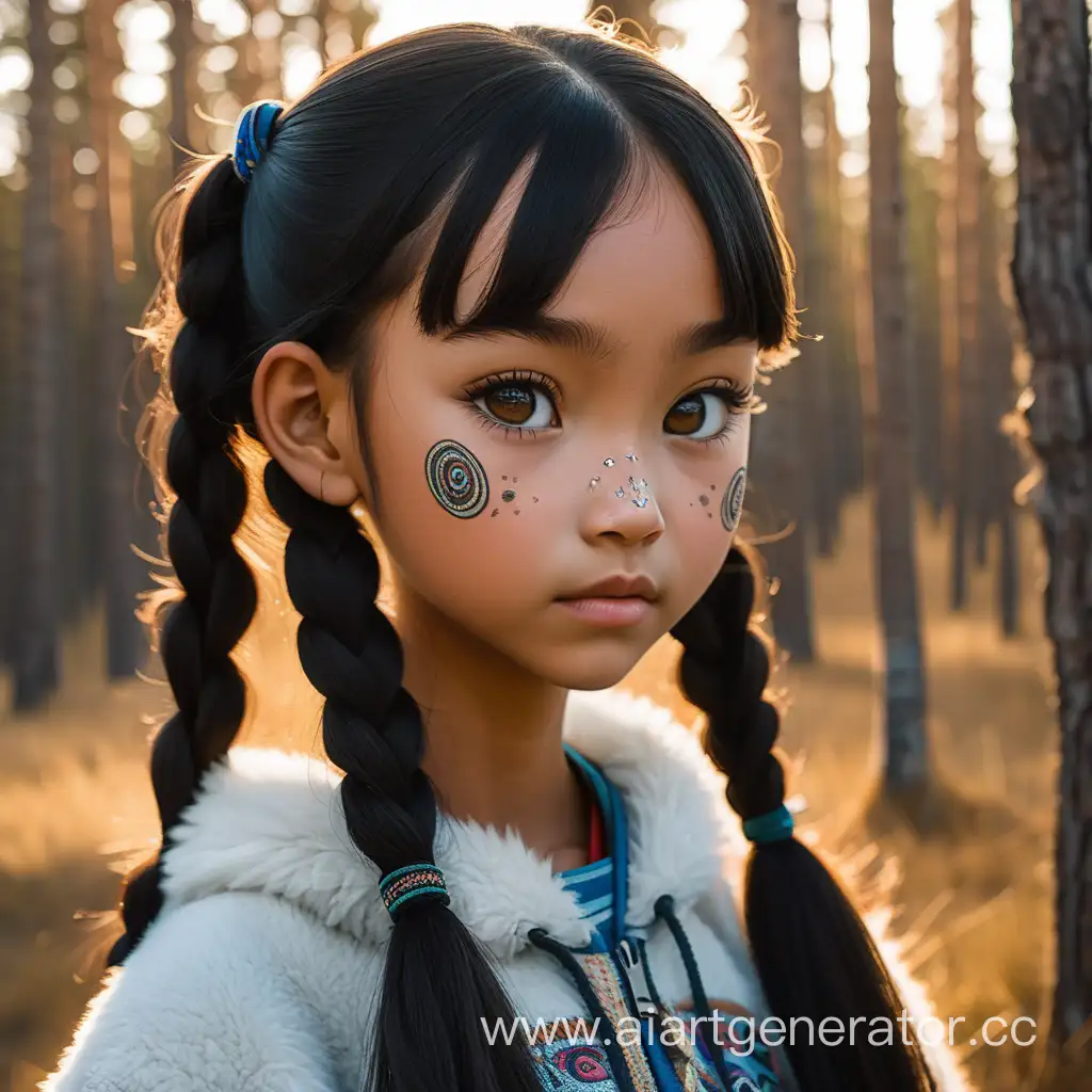 Girl, Tanned skin, black hair, long hair, two pigtails, small nose, Narrow eyes, black eyes, Narrow lips, wide eyebrows. Yakut clothing. Yakut forest, warm light