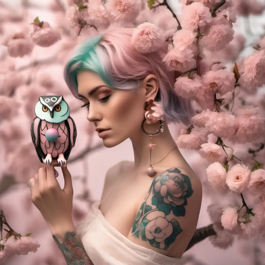 light black model has beautiful pastel color hair with flowers that fade into the hair and orbs inside flowers in rose gold. She is holding a rare real living owl that is in beautiful colors he is sitting on a top that she is holding. ball earring and color tattoos in arms They is a few cherry tree blossom  that fade away in depth of field 

imitate image 