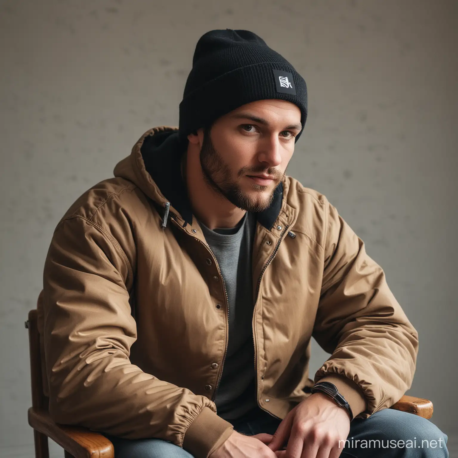 Stylish Man Relaxing in Chair Wearing Beanie and Jacket