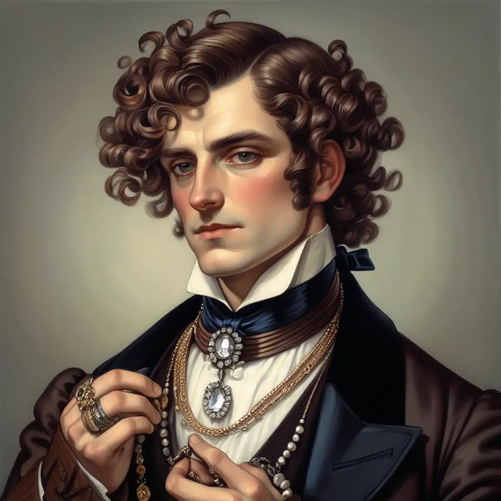 Effeminate victorian man. Curly brown hair. Holding jewelry.