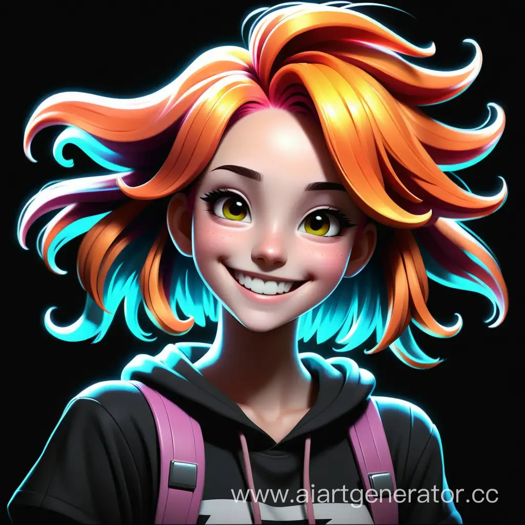 девочка с яркими волосами в стиле аниме улыбается на чёрном фоне