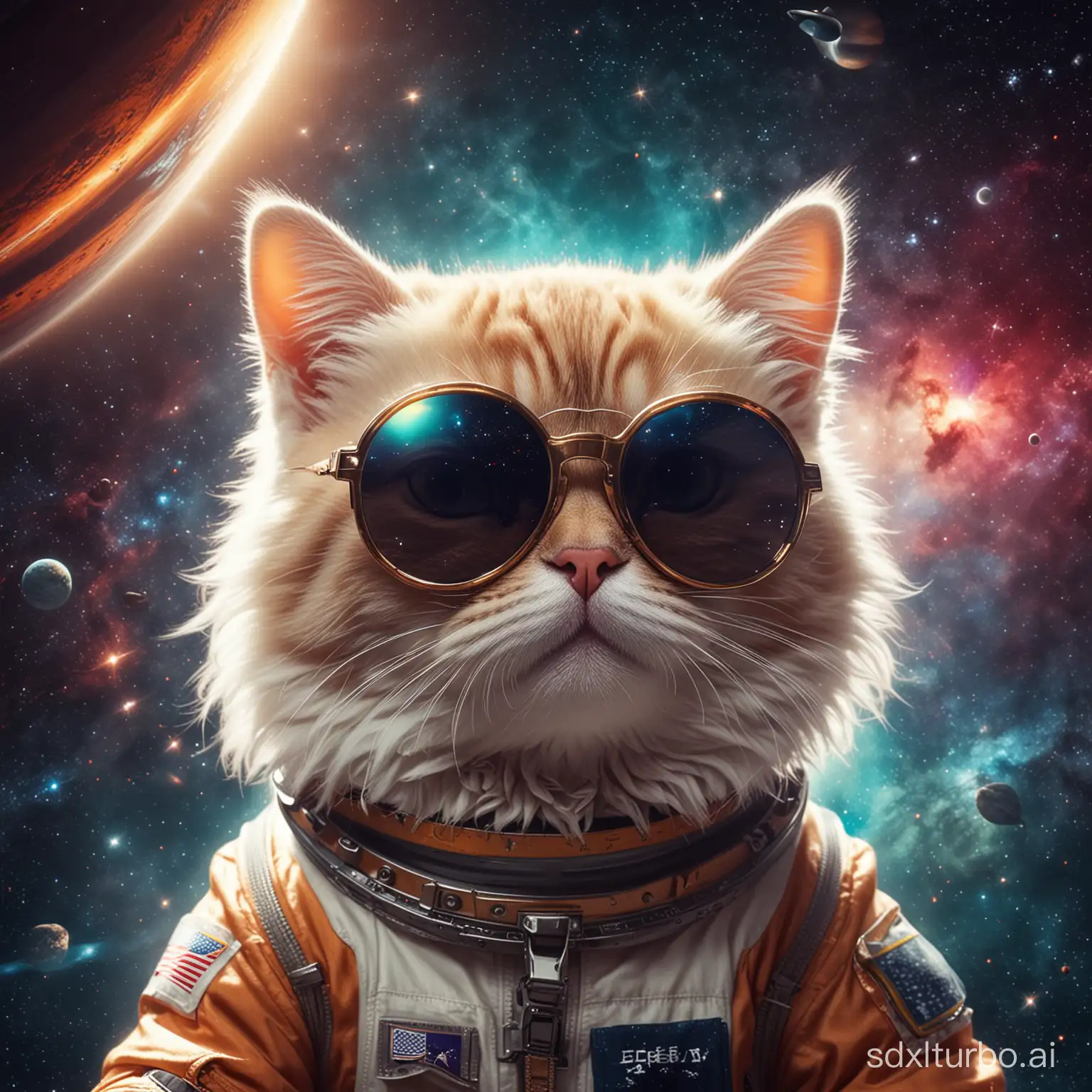 cinematic style, a kitty using sunglasses fly on space, saturn behide