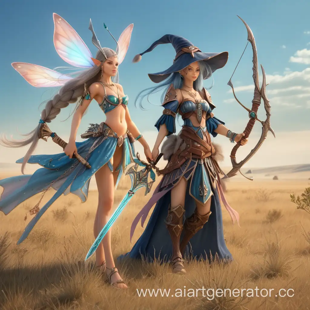Fantasy-Battle-Scene-Steppe-Fairy-Confronts-Old-Witch-with-Bow-and-Sword