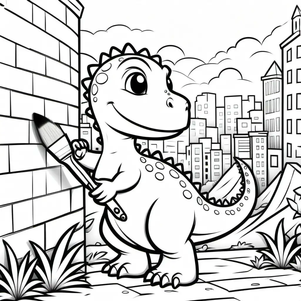 Black and white full page coloring page for kids, cute, little dinosaur, painting a colorful mural on a city wall, with paintbrush in hand, full page, no borders, simple, shapes with black lines, printable outlined art, thin lines, no shades, crisp lines --style 4b --v4-, white background