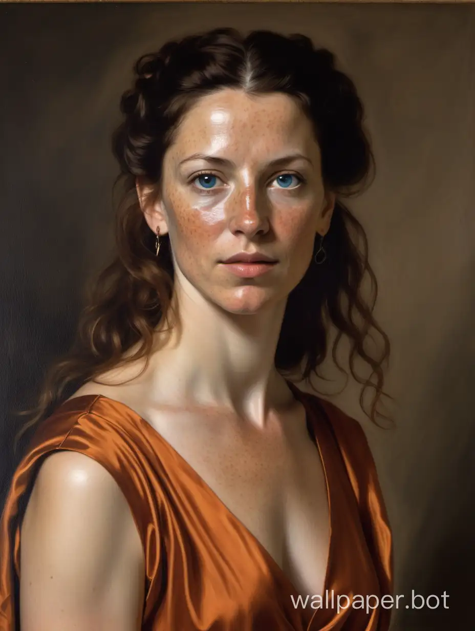 painting of a beautiful 40 year old brunette woman, she is pretty, she has solid blue eyes, she has lots of freckles, she has  light brown hair that is pulled into a back knot, she has a beautiful sharp face, regal, stern, serious facial expression, perfect, she is wearing a loose sleeveless plunging bronze-orange dress, arabic influences, in the style of diego velazquez,