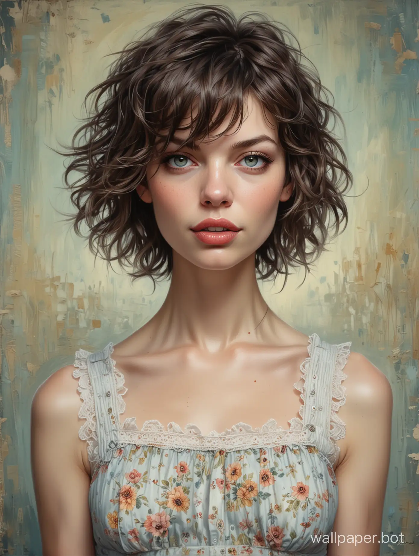 Oil painting with Impasto texture, in the style of Tim Burton comics (Mila Jovovich- dreamy girl, expressive eyes, in a sundress, 60% height, intricate details), with Impasto texture, eccentric, surreal, super detailed, super clear and sharp , glossy. Olga Esther's style.