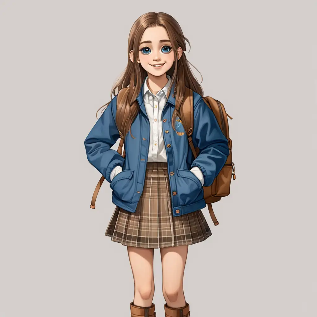 White teenage school girl with big eyes and long hair smiling wearing a skirt shirt and blue jacket with brown boots and a brown backpack show full body length