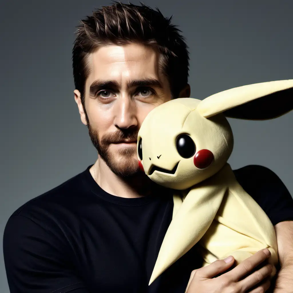 35 year old Jake Gyllenhaal, short hair, hugging a mimikyu 
