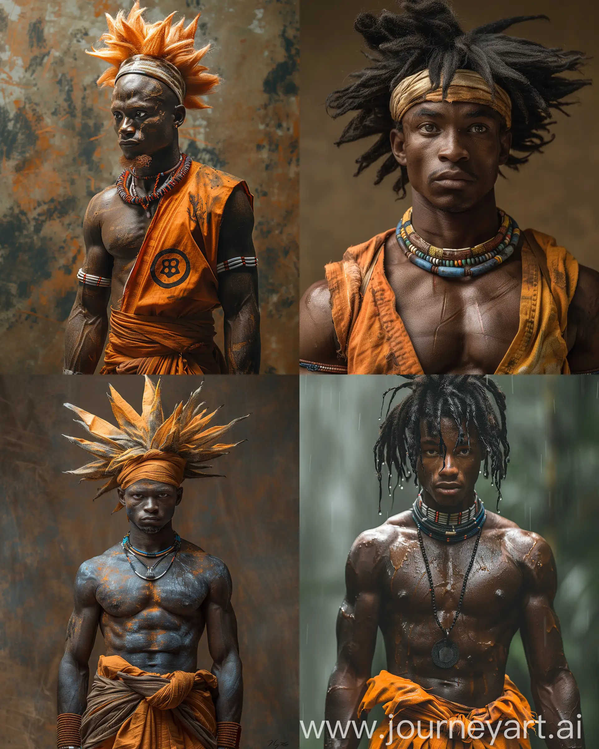 Real photo from National Geographic of full body view of a real person, pump up Goku from dragon ball universe, but from an African tribe ,Beautiful Lighting, shot taken on Nikon 78, 85-mm-lens, sharp-focus, clear and crisp detail High key lighting 32k UHD HDR --ar 4:5 --stylize 750 --v 6.0