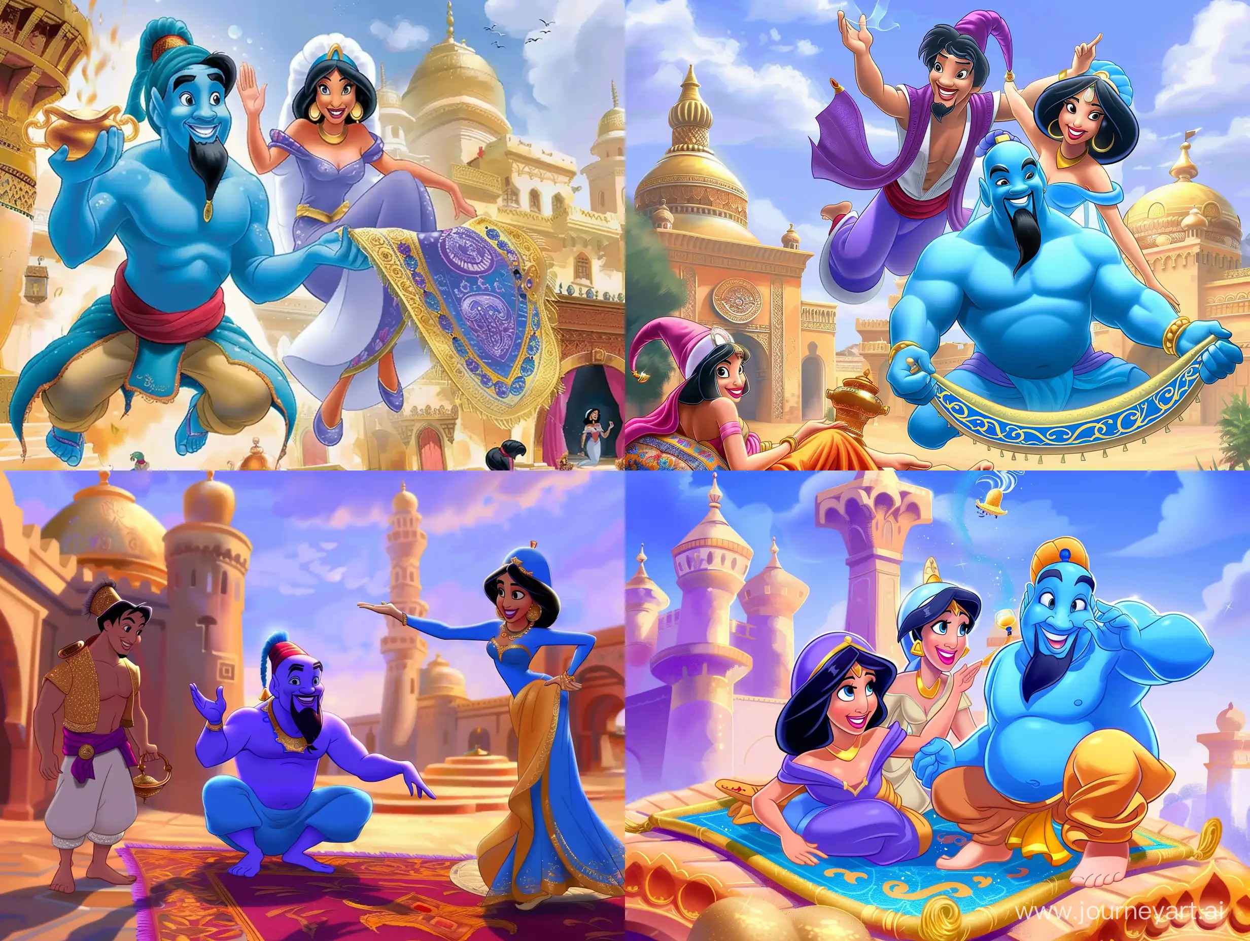 Aladdin-and-Jasmine-Flying-on-Magic-Carpet-with-Genie-by-the-Palace