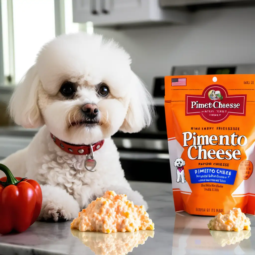 Curious Bichon Frise Examining Pimento Cheese Package in Kitchen