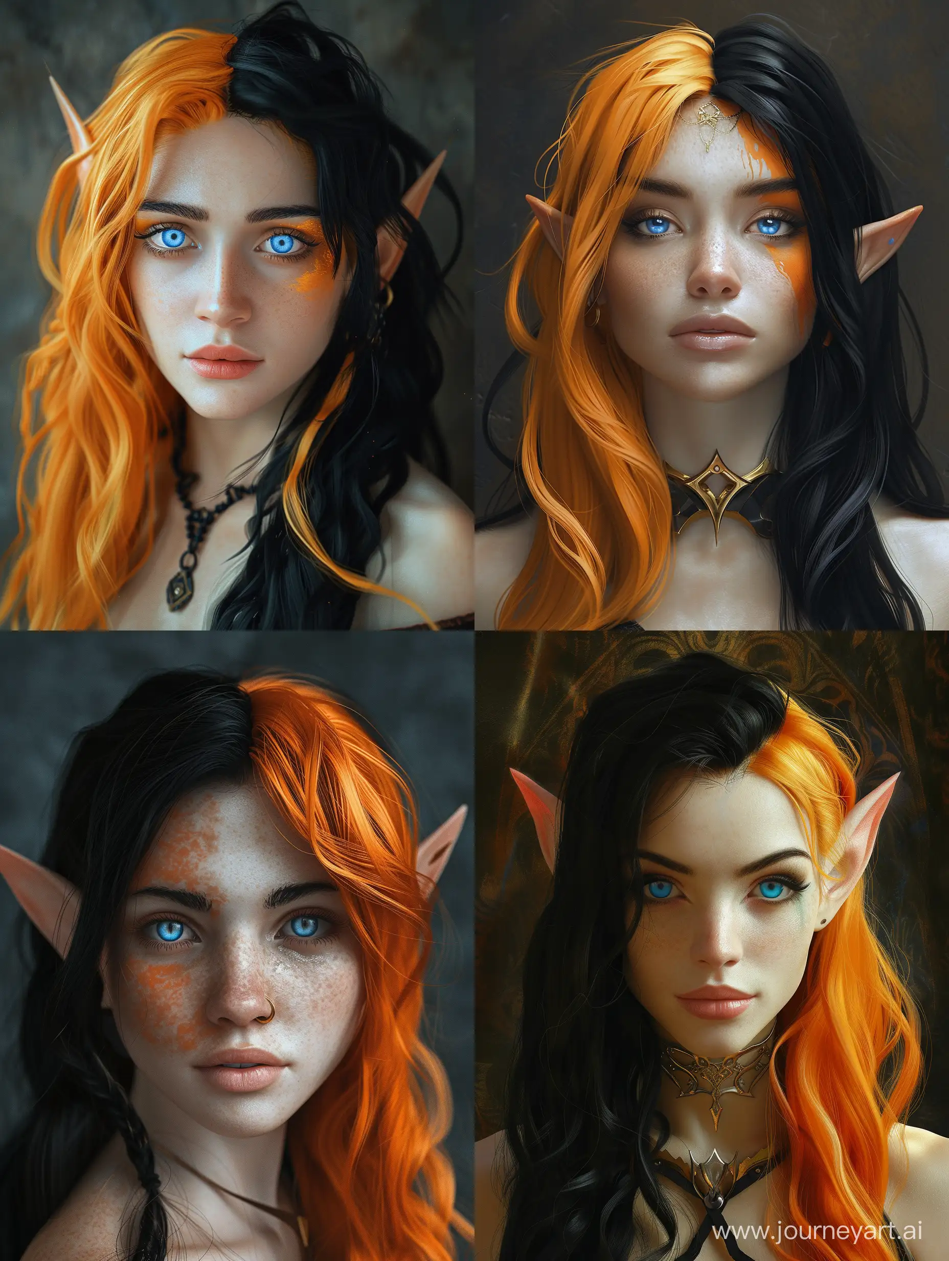 Realistic portrait of a female elf with tan skin, half black hair, half orange hair, bright blue eyes