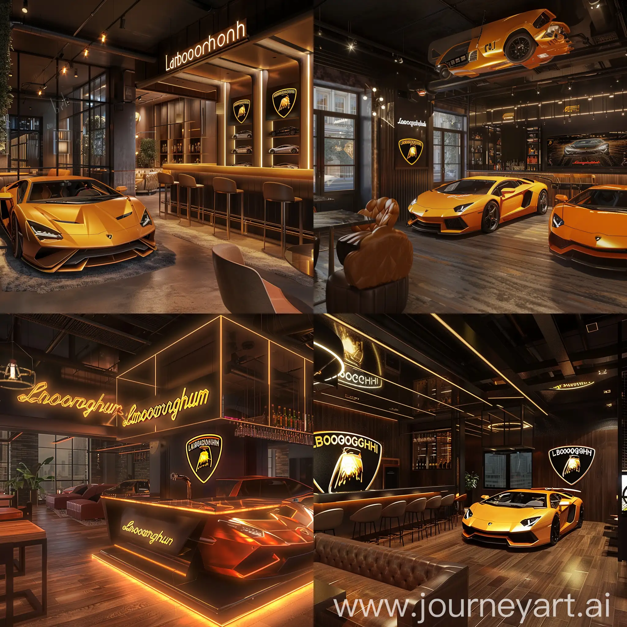 Crea una imagen de interiorismo de un bar o cafetería con tematica de lamborghini