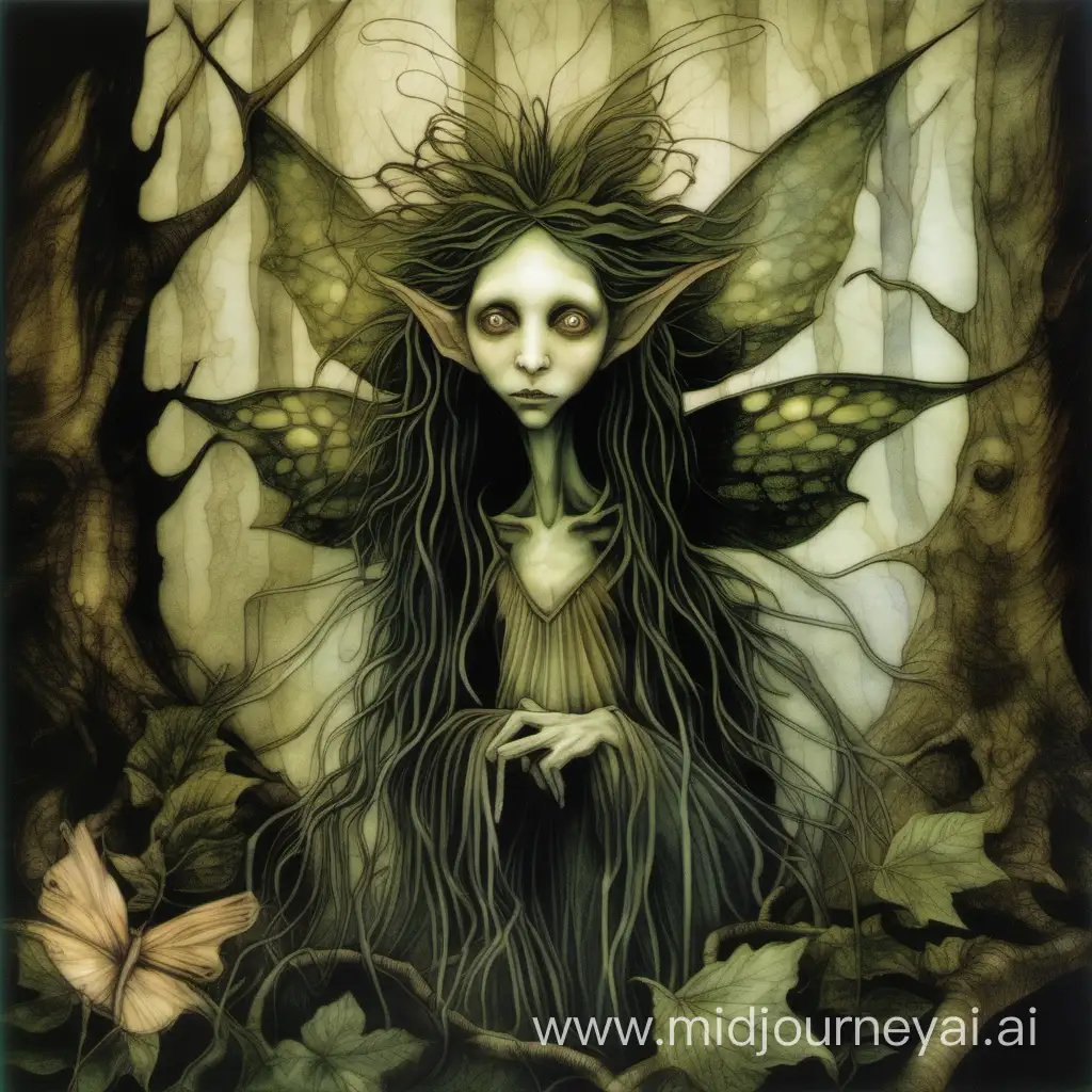 Brian froud forest fairy creature 1980’s panting dark fantasy grainy image