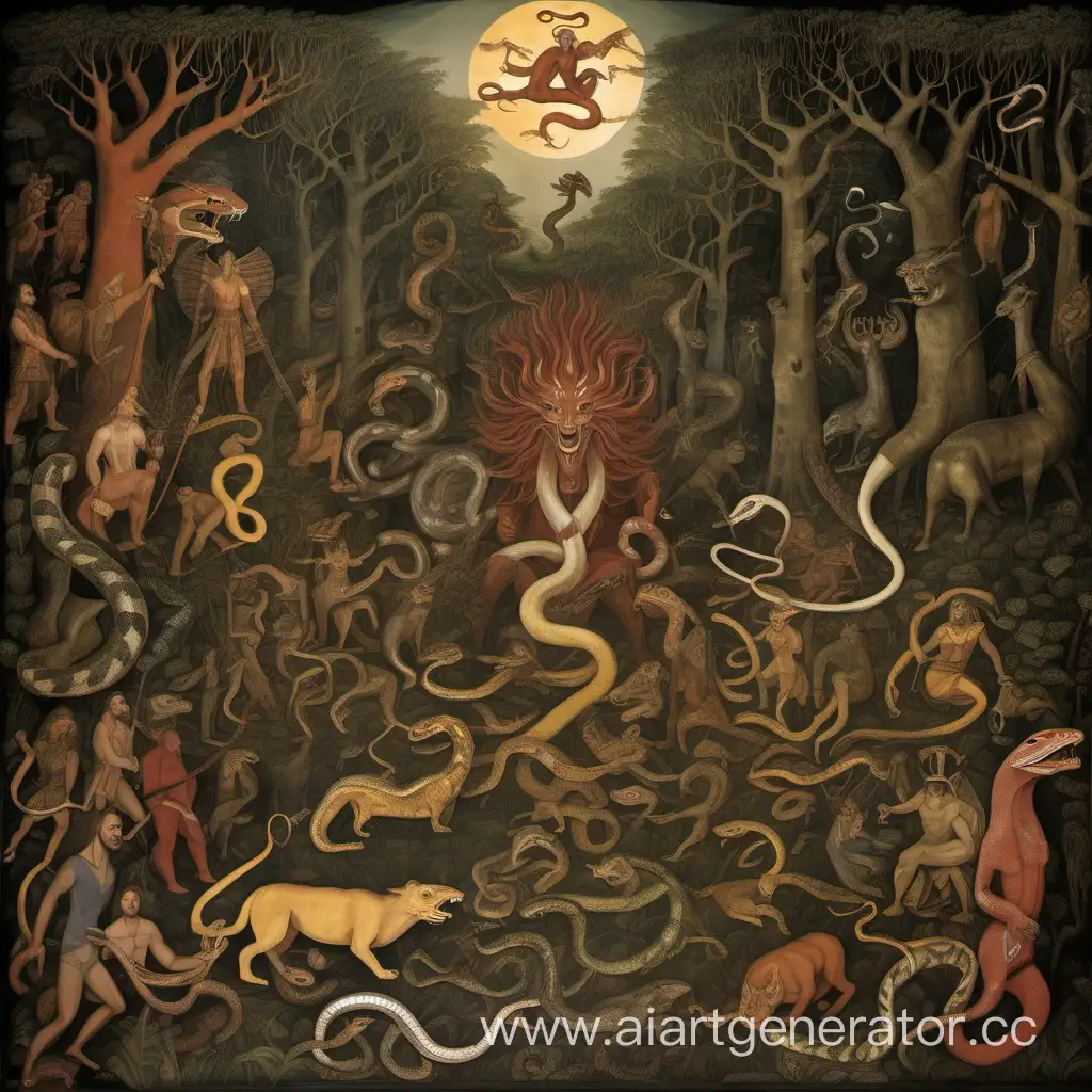Pagan gods and beasts gathered in one forest place. The paintings should also feature a snake-like creature, the god Veles.