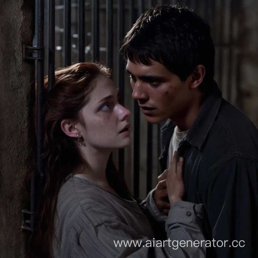 Create an image of this scene with two characters: 
Landon comforts Lydia through the cell wall.

Lydia - an 18-year-old woman, who looks mature for her age and is in ragged clothes. With long brown hair, pale skin, and freckles 

Landon - a 19-year-old man, with a distinguished feel, despite being in ragged clothes. hispanic man with short  dark hair and piercing eyes