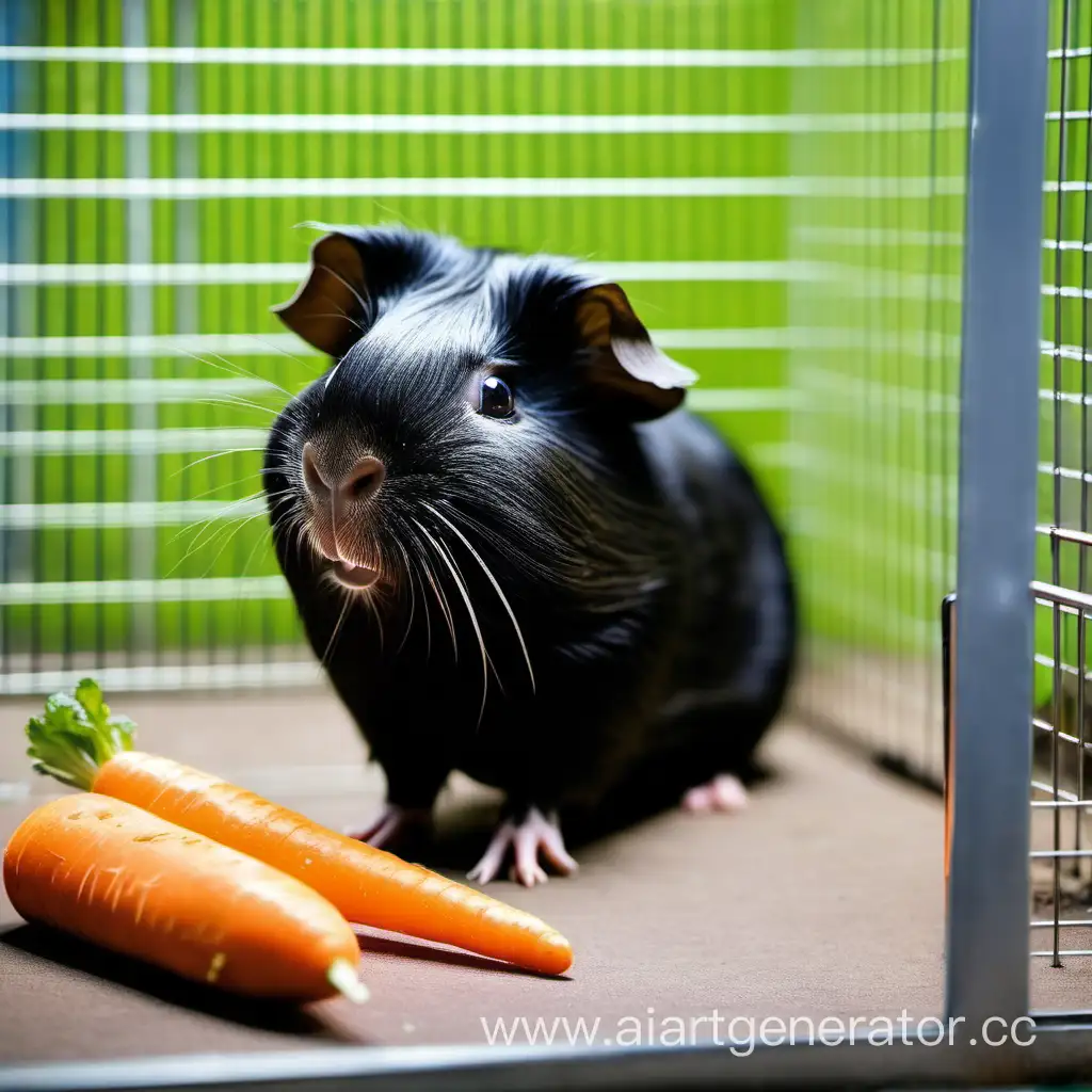 черная морская свинка сидит в клетке и кушает морковь
