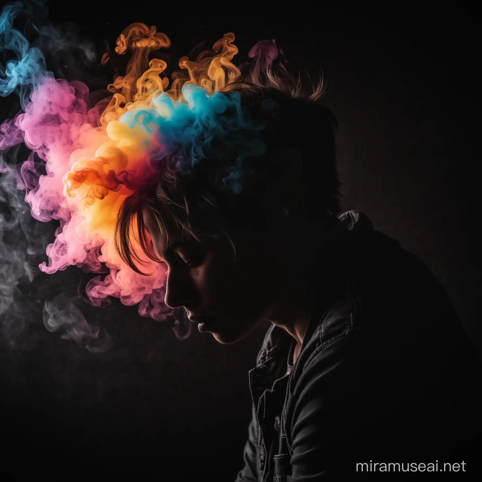 Exhausted Silhouette with Colorful Smoke on Noir Background