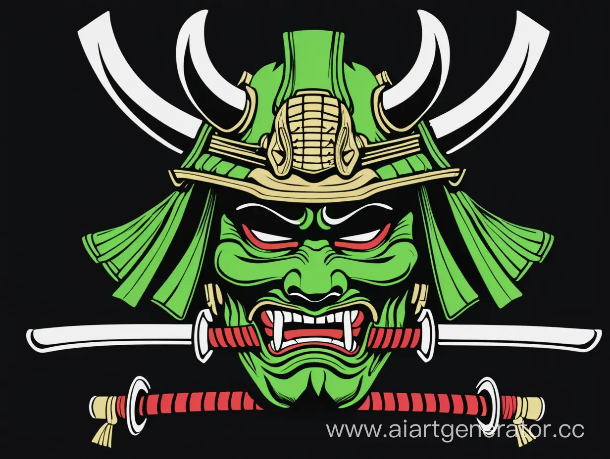 Bright-Green-Samurai-Mask-with-Katana-Blades-on-Black-Background